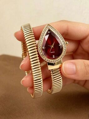 Luxury Red Crystal Snake Wrap Watch | Gold Tone Cuff Bracelet Watch for Women